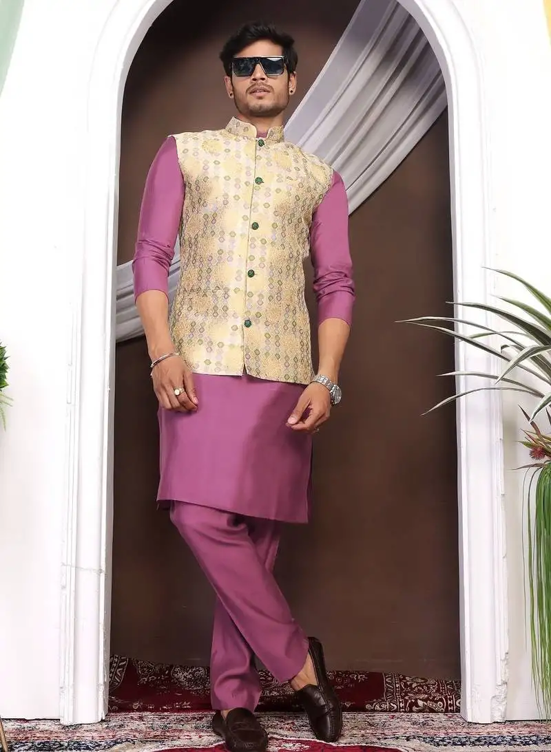 Purple jacquard work nehru jacket roman silk men kurta set