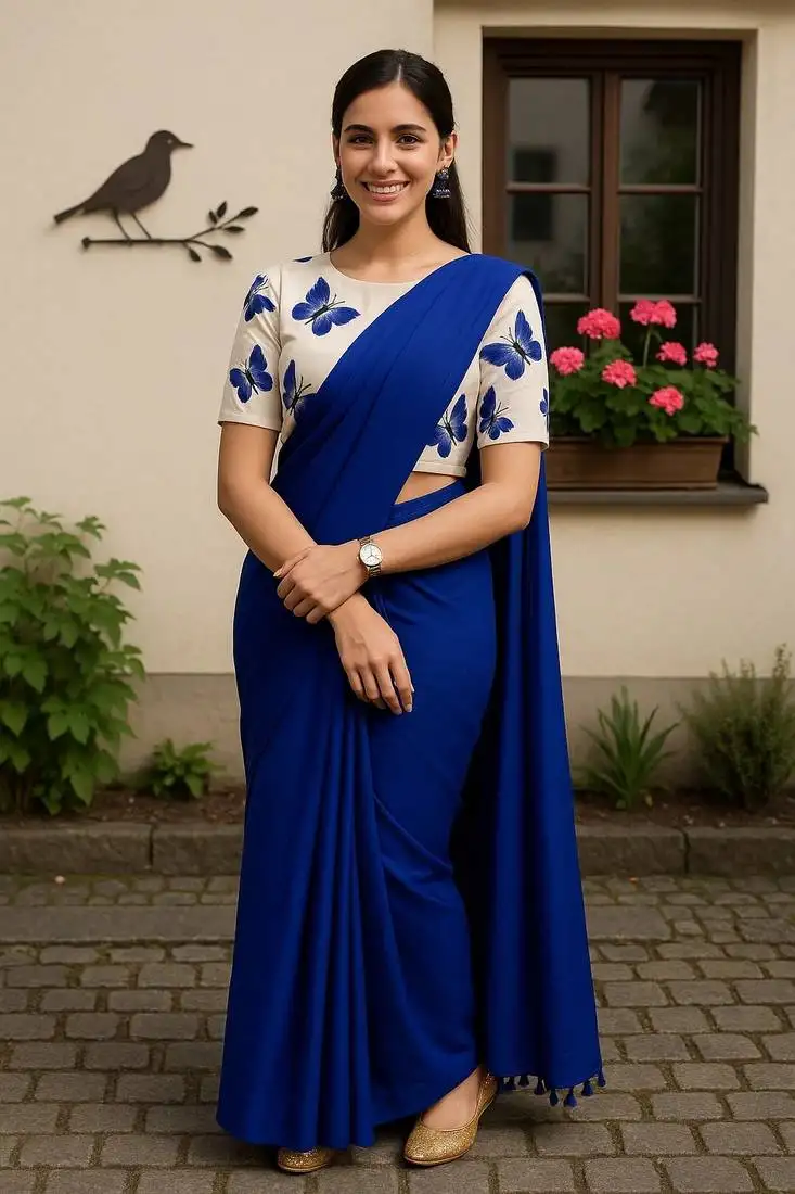Blue khadi cotton plain saree with stiched blouse