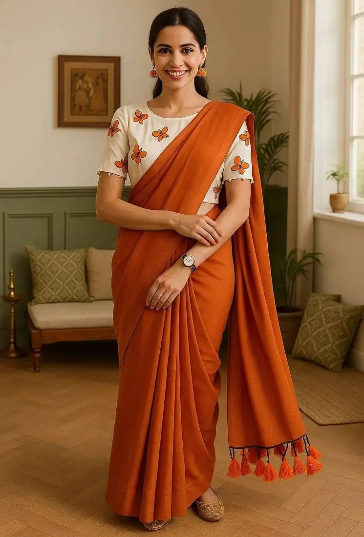 Brown khadi cotton plain saree with stiched blouse