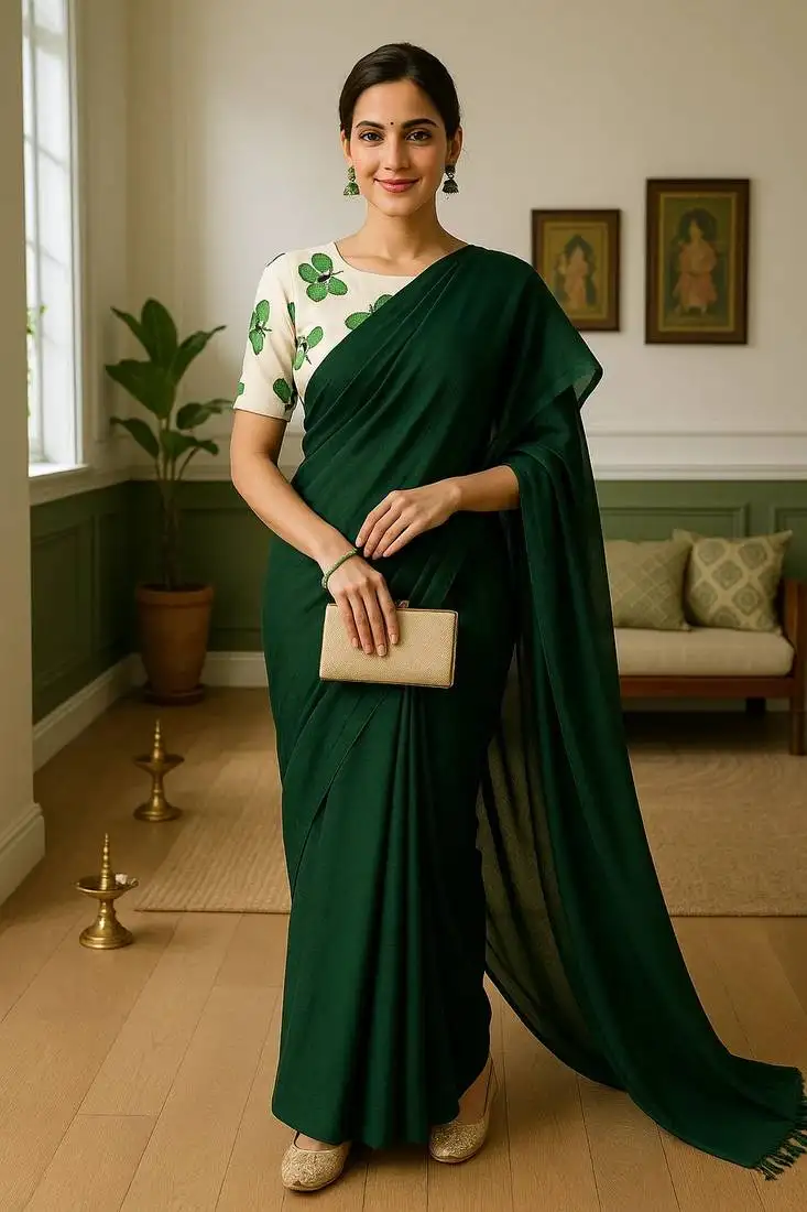 Green khadi cotton plain saree with stiched blouse