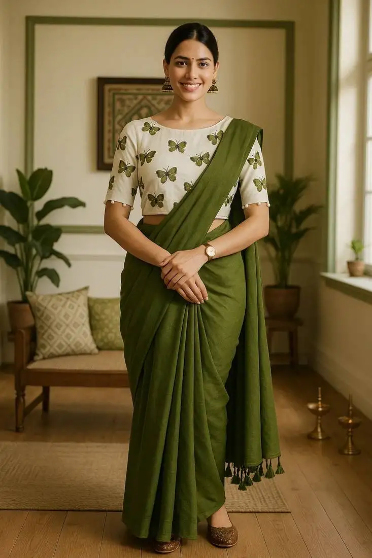 Mahendi khadi cotton plain saree with stiched blouse