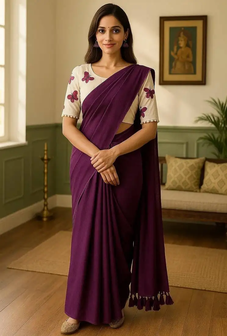 Purple khadi cotton plain saree with stiched blouse