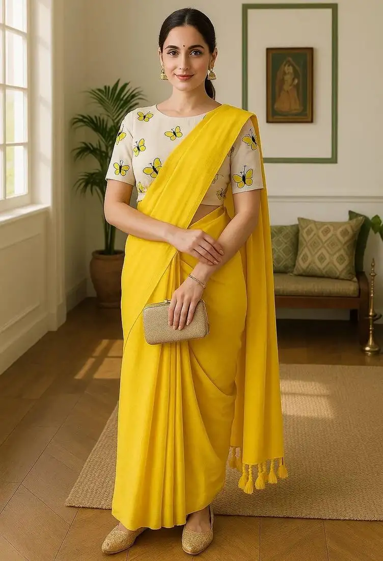 Yellow khadi cotton plain saree with stiched blouse