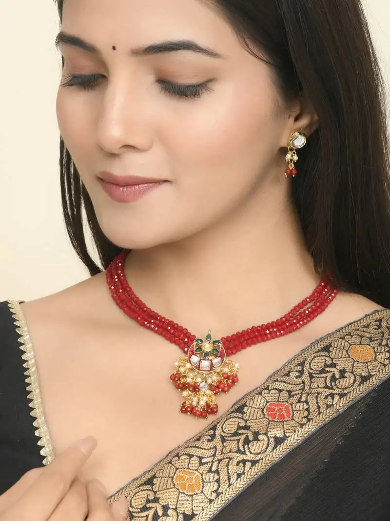 Red beaded necklace & earrings set for women