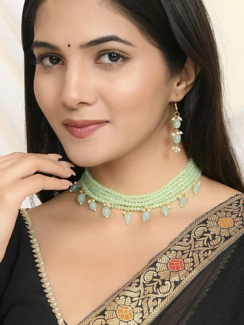 Mint green beaded gold necklace & earrings set for women