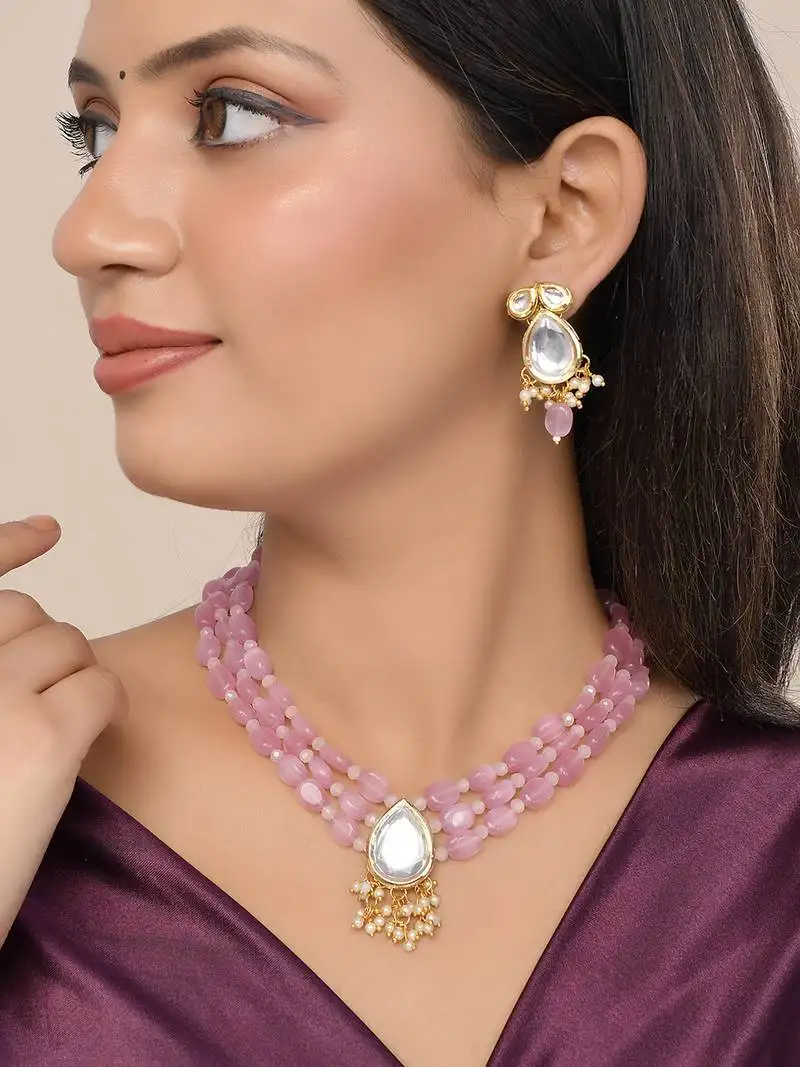 Pink beaded mirror pendant necklace & earrings set