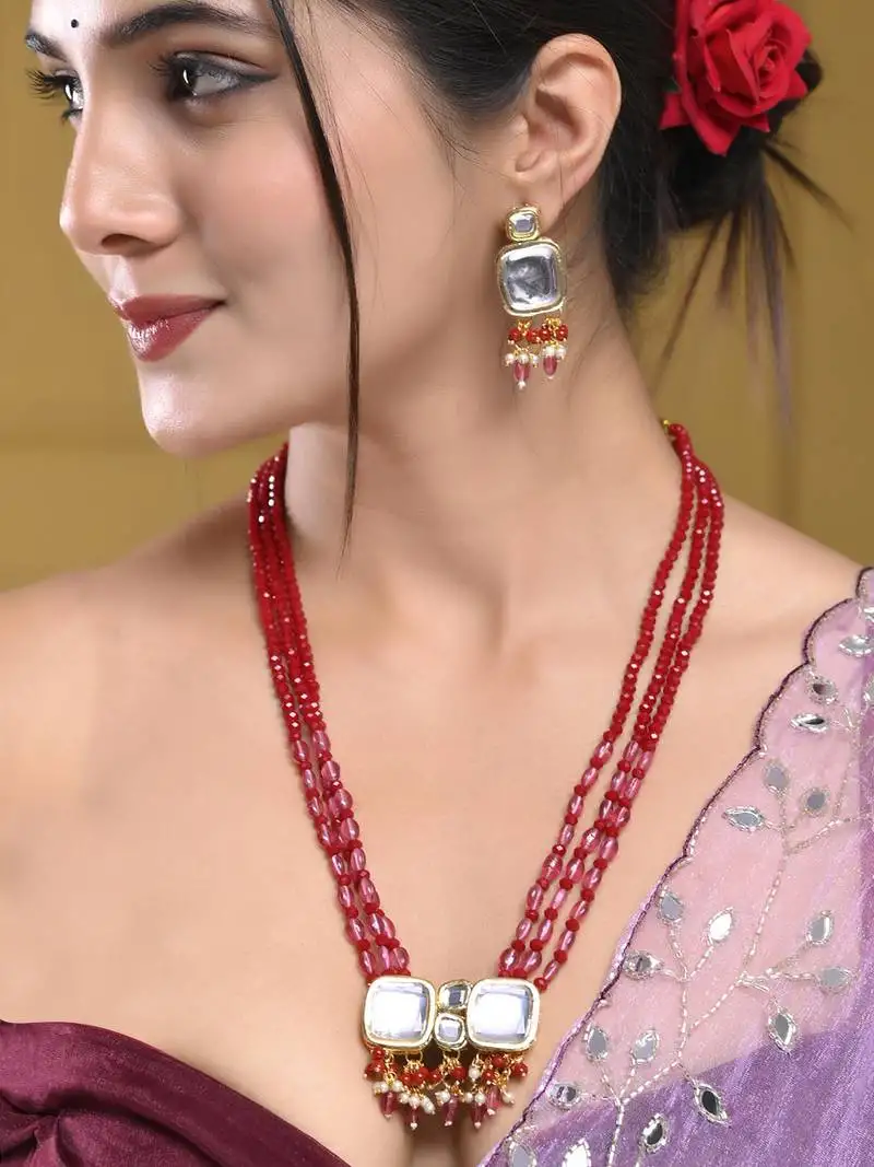 Red & pink beaded gold necklace & earrings set