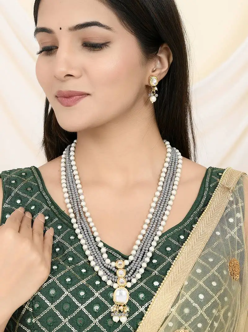 Multi-strand pearl & grey bead necklace with matching earrings