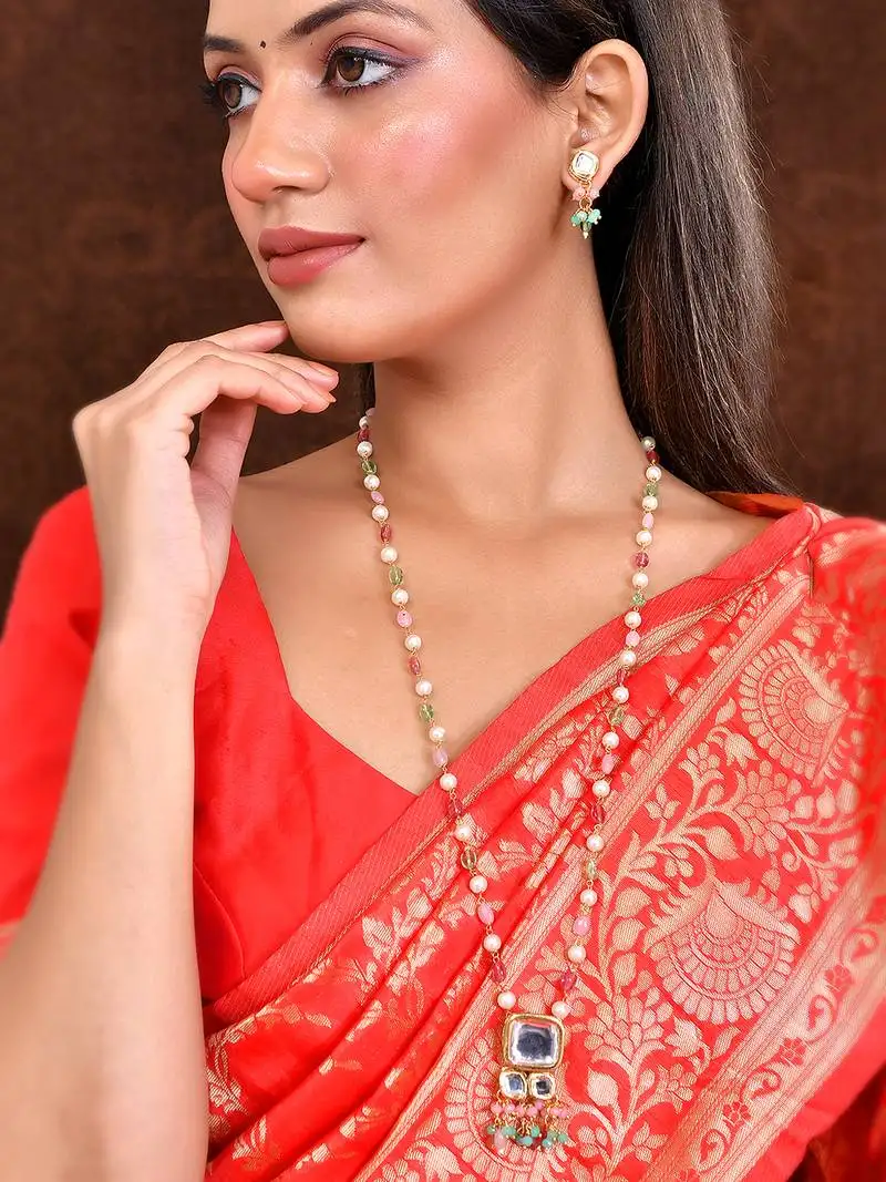 Long layered multi beaded kundan with pearl jewellery set