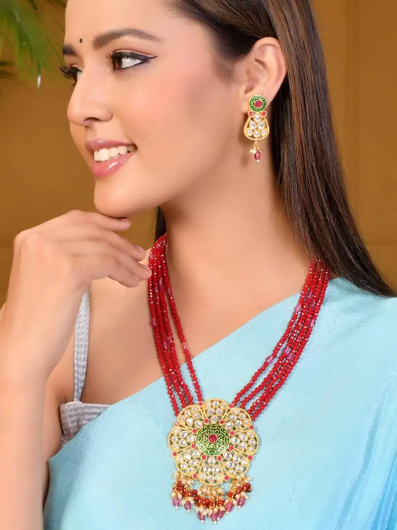 Red & pink beaded gold necklace & earrings set for women