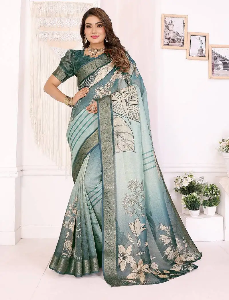 Teal soft tissue silk floral digital printed saree with zari jacquard weaving border