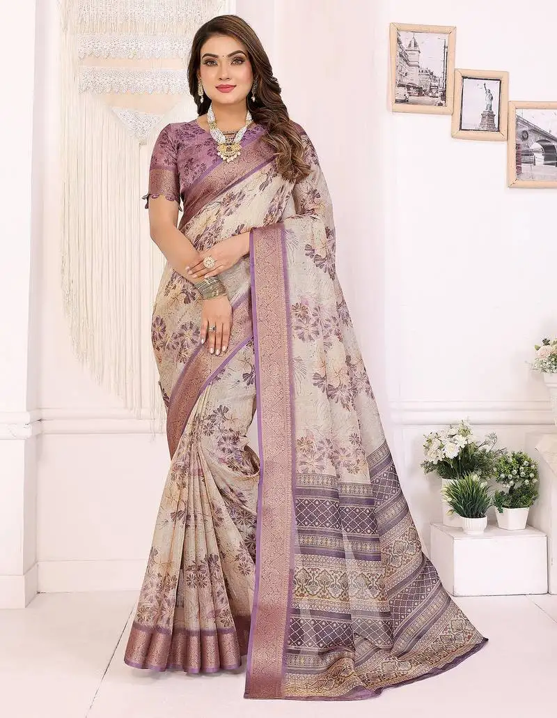 Lavender soft tissue silk floral digital printed saree with zari jacquard weaving border