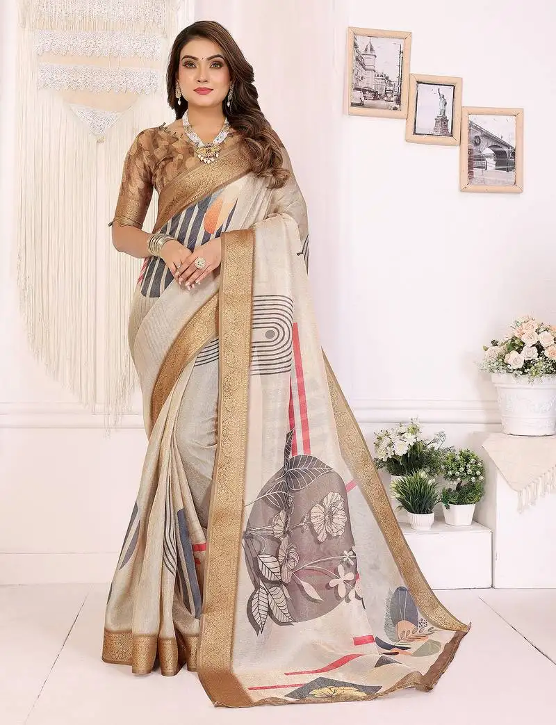 Beige soft tissue silk digital art printed saree with zari jacquard weaving border