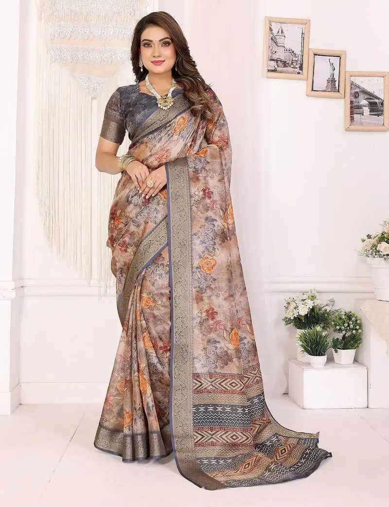 Brown soft tissue silk floral digital printed saree with zari jacquard weaving border