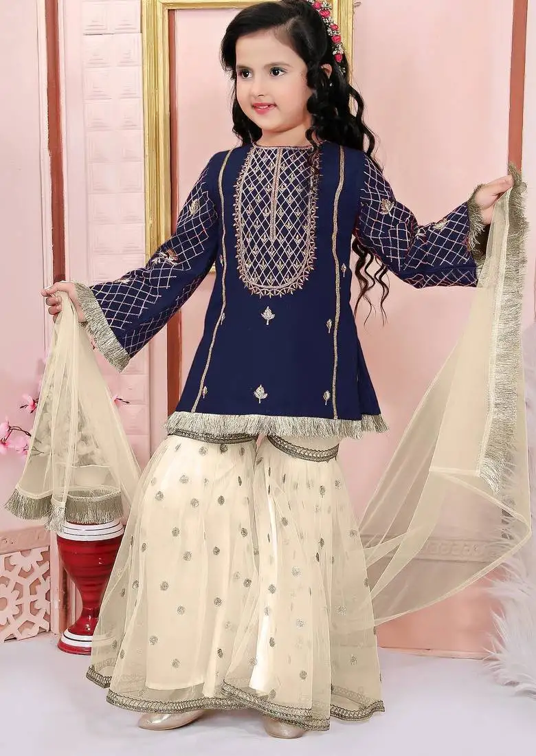 Blue embroidered cotton silk a line kids salwar suits
