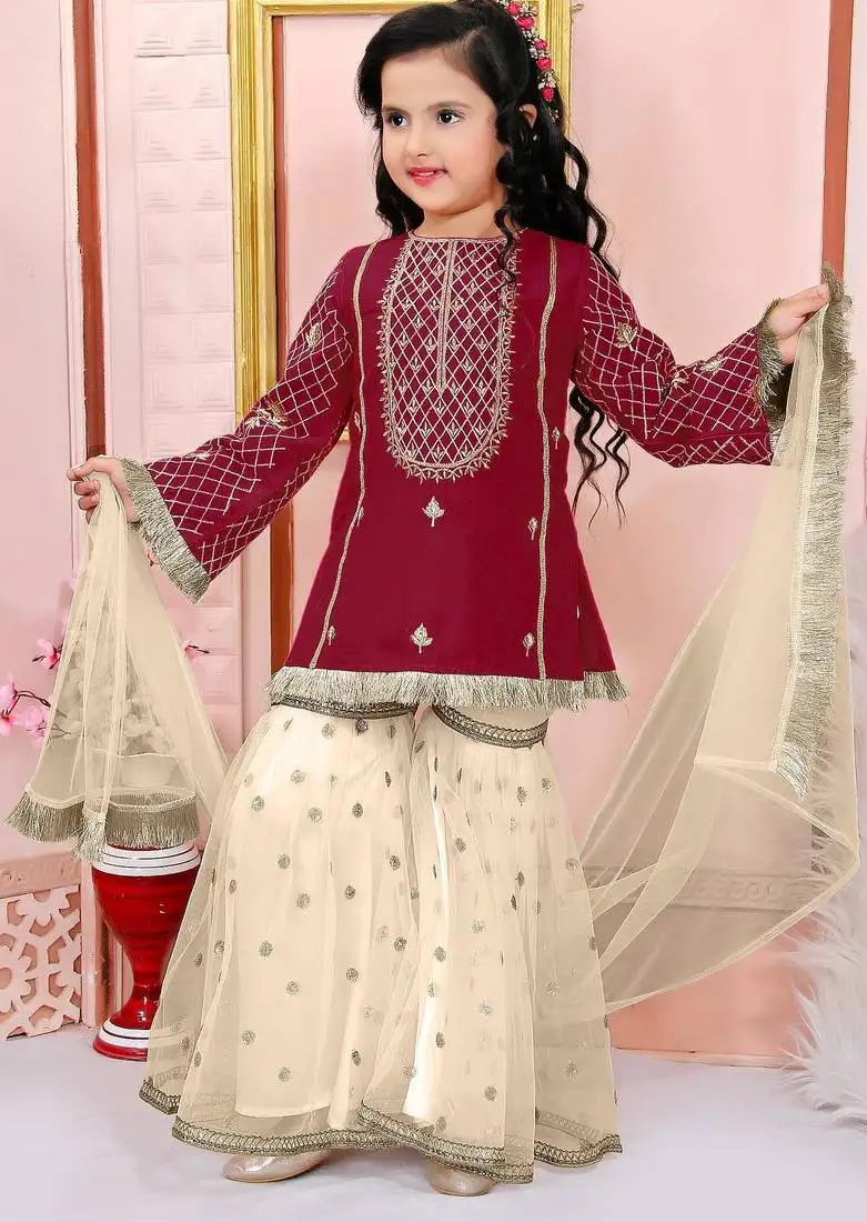 Maroon embroidered cotton silk a line kids salwar suits
