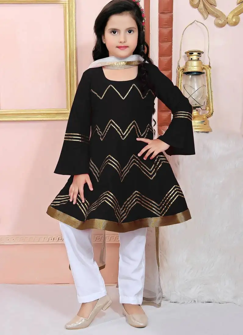 Black embroidered cotton silk a line kids salwar suits