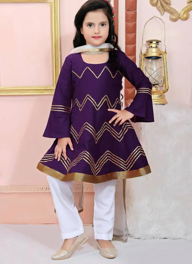 Purple embroidered cotton silk a line kids salwar suits