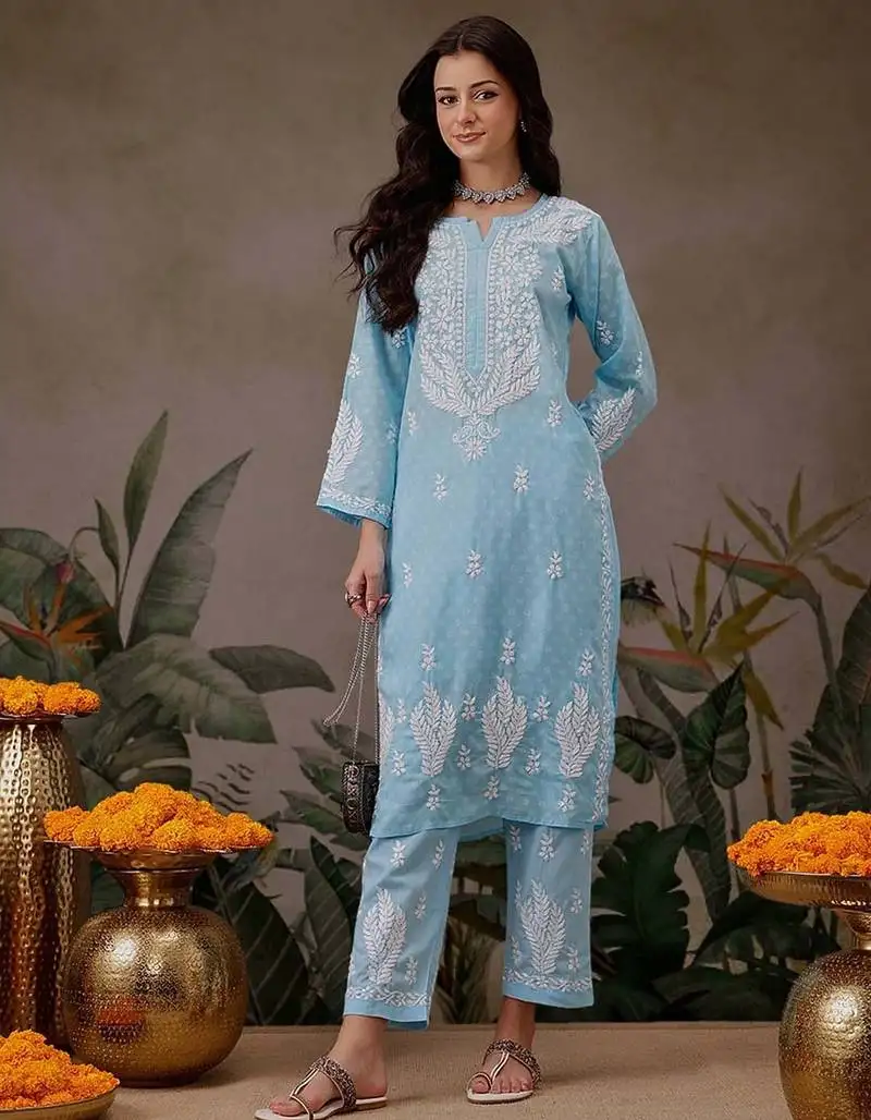 Hand embroidered blue cotton lucknowi chikankari co-ord set