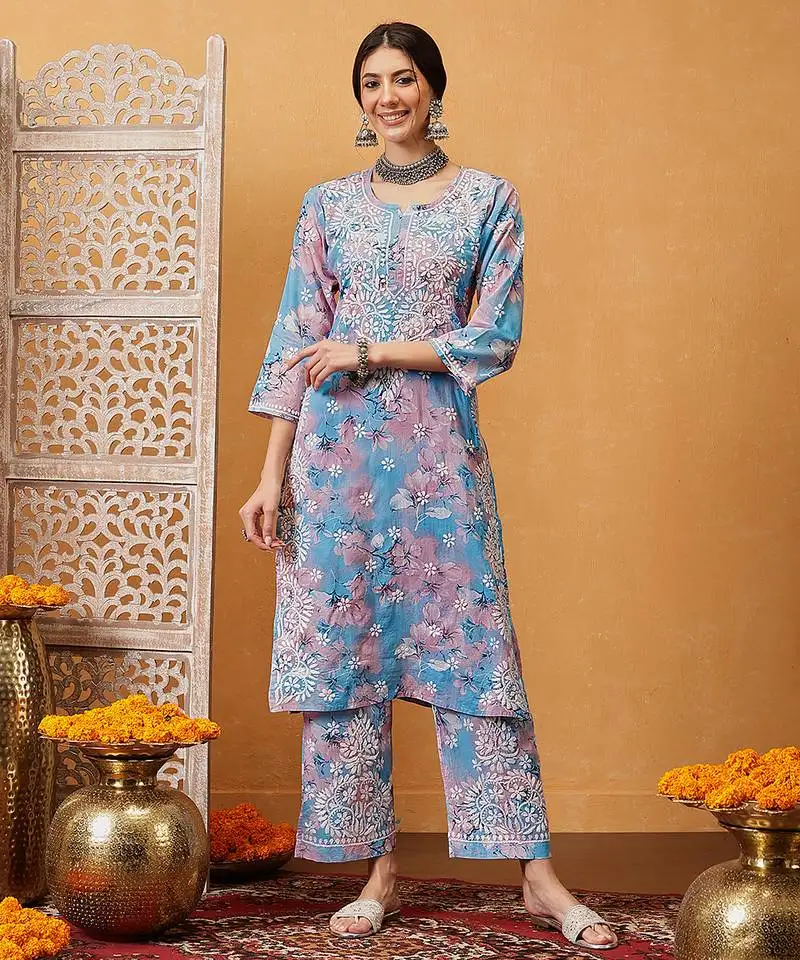 Hand embroidered floral printed blue and pink cotton lucknowi chikankari co-ord set
