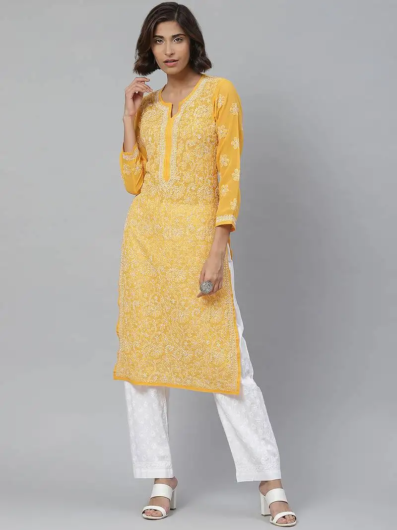 Hand embroidered mustard georgette lucknowi chikankari straight kurta with palazzo