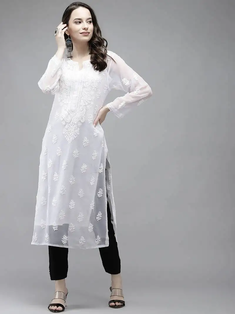 Hand embroidered white georgette lucknowi chikankari kurta set with slip