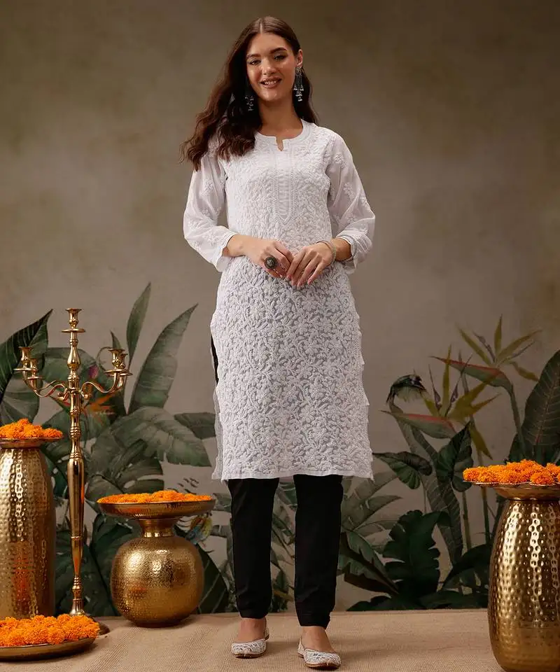 Hand embroidered white georgette lucknowi chikankari kurta straight with trouser set