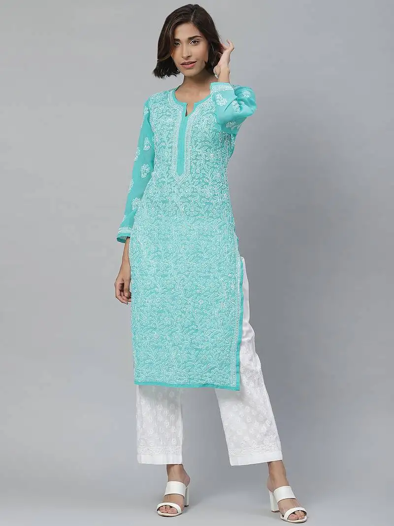 Hand embroidered sea green georgette lucknowi chikankari kurta with palazzo