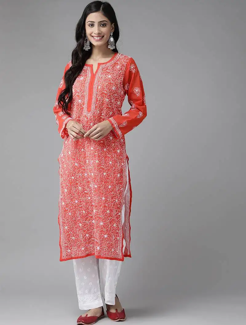Hand embroidered red georgette lucknowi chikankari kurta set