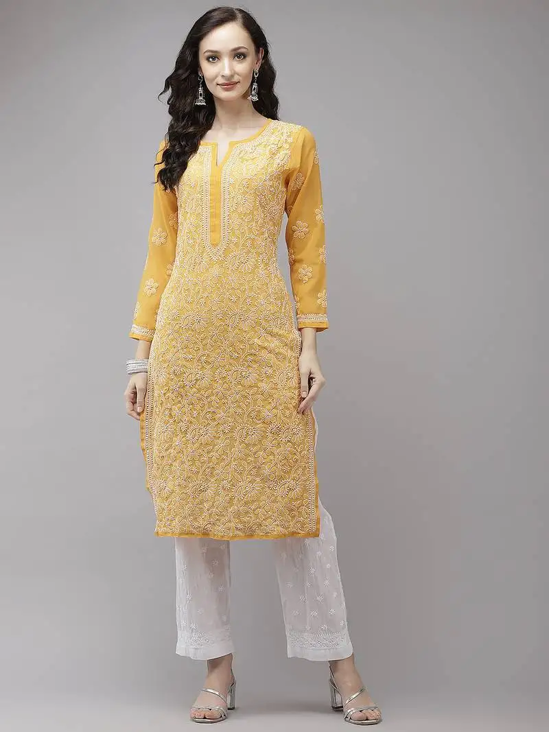 Hand embroidered mustard georgette lucknowi chikankari kurta set