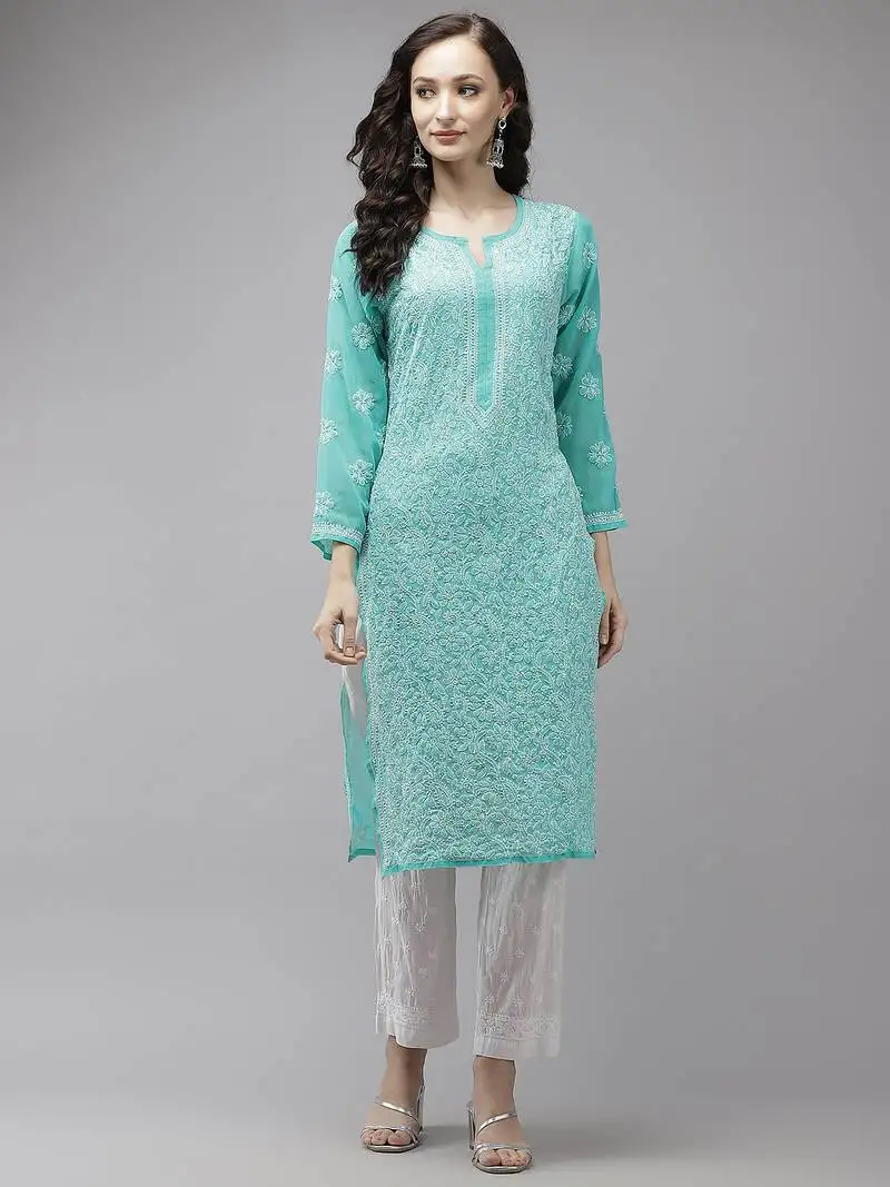 Hand embroidered sea green georgette lucknowi chikankari kurta set