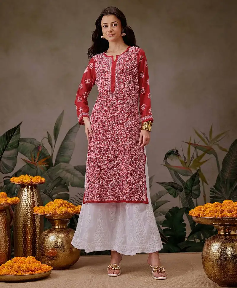 Hand embroidered red georgette lucknowi chikankari straight kurta with palazzo