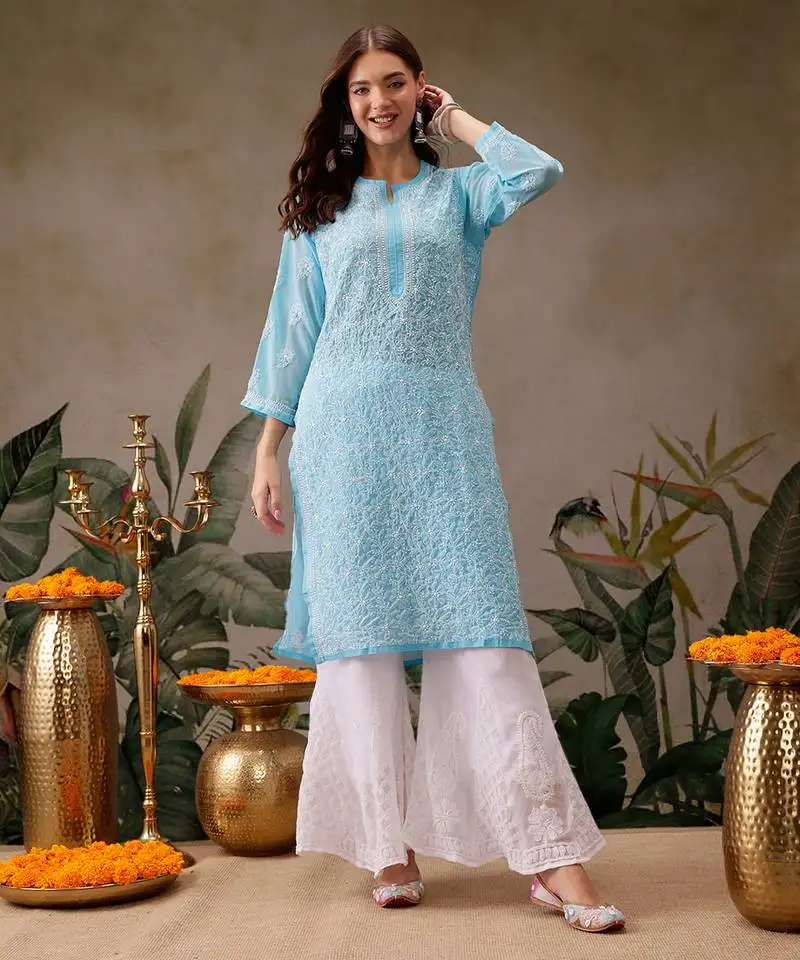 Hand embroidered blue georgette lucknowi chikankari straight kurta with palazzo