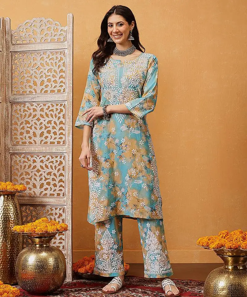 Hand embroidered floral printed firozi and peach cotton lucknowi chikankari co-ord set