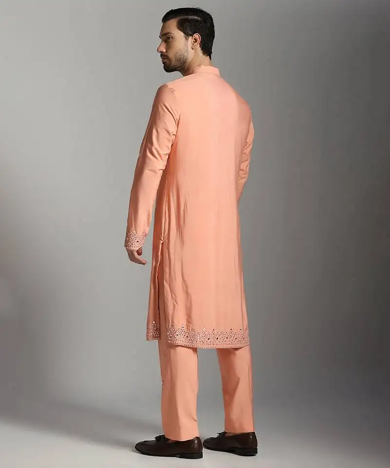 Peach poly cotton embroidered kurta pajama