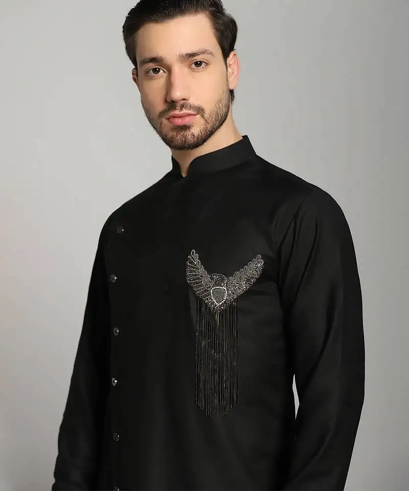 Black polyester plain kurta pajama