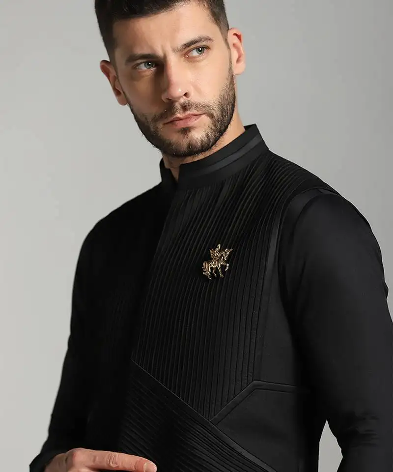 Black cotton plain nehru jacket