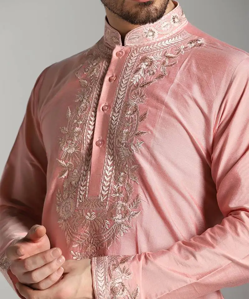 Pink poly cotton embroidered kurta pajama