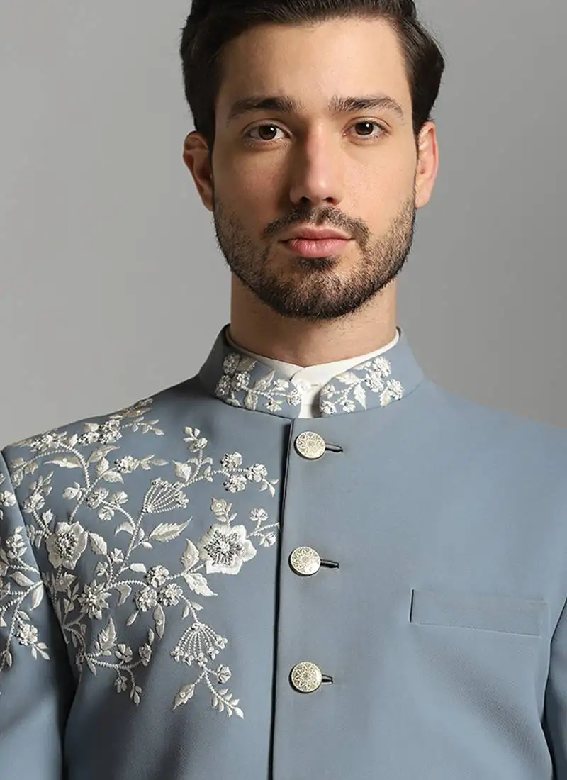 Grey polyester embroidered bandhgala