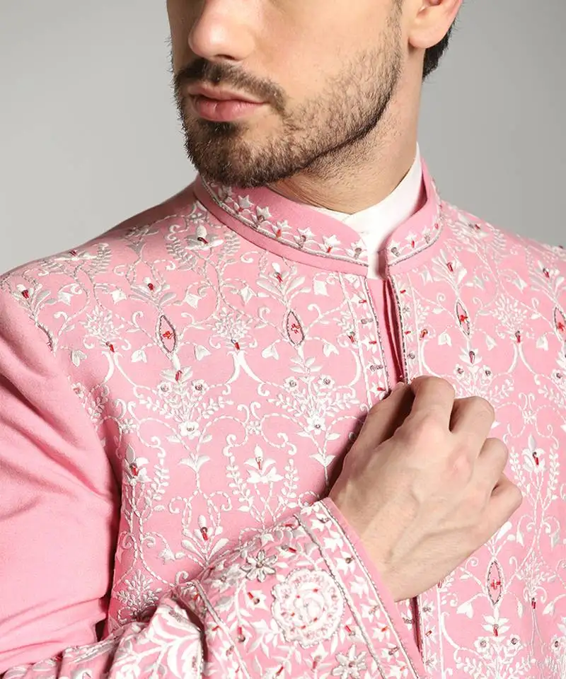 Pink poly cotton embroidered bandhgala