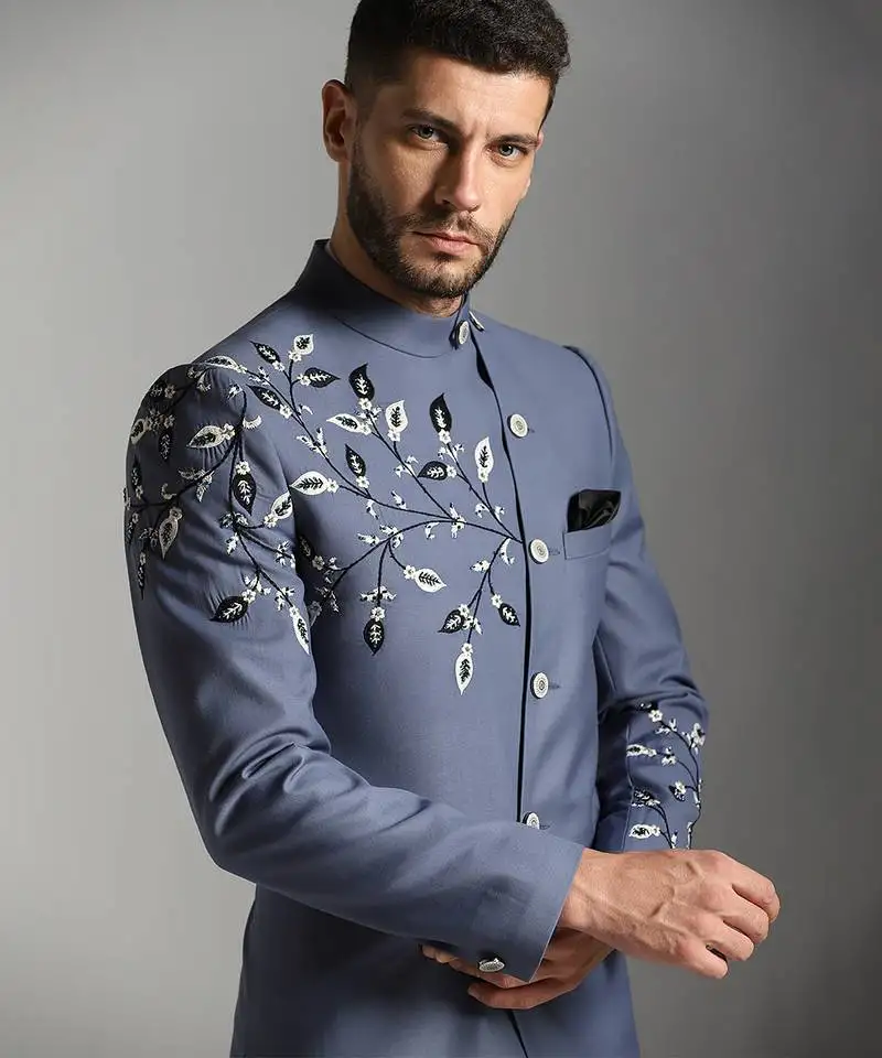 Blue cotton silk embroidered bandhgala