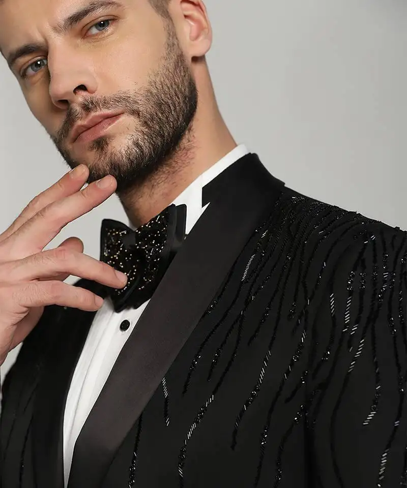 Black polyester embroidered tuxedo suit