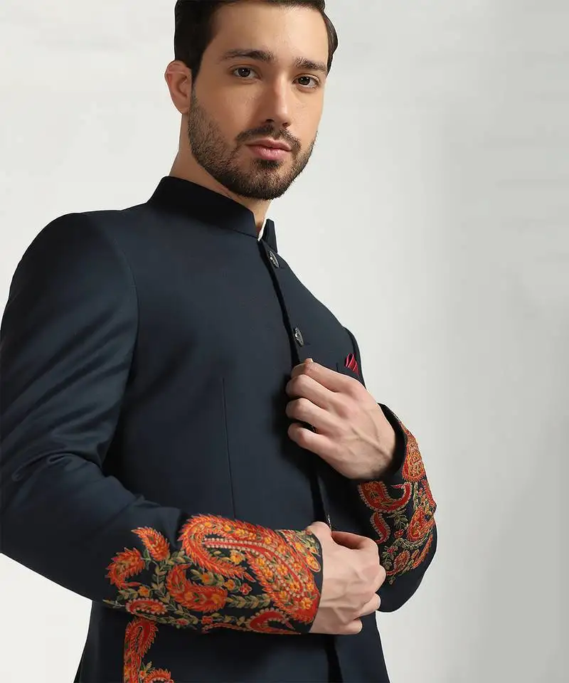 Blue polyester embroidered bandhgala