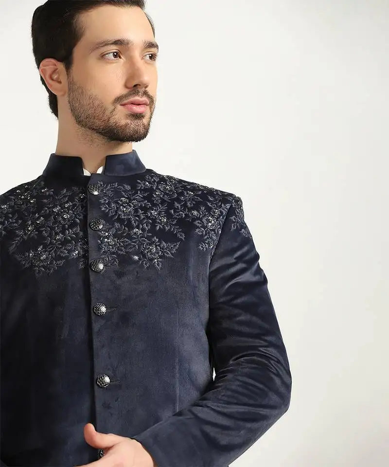 Blue velvet embroidered bandhgala