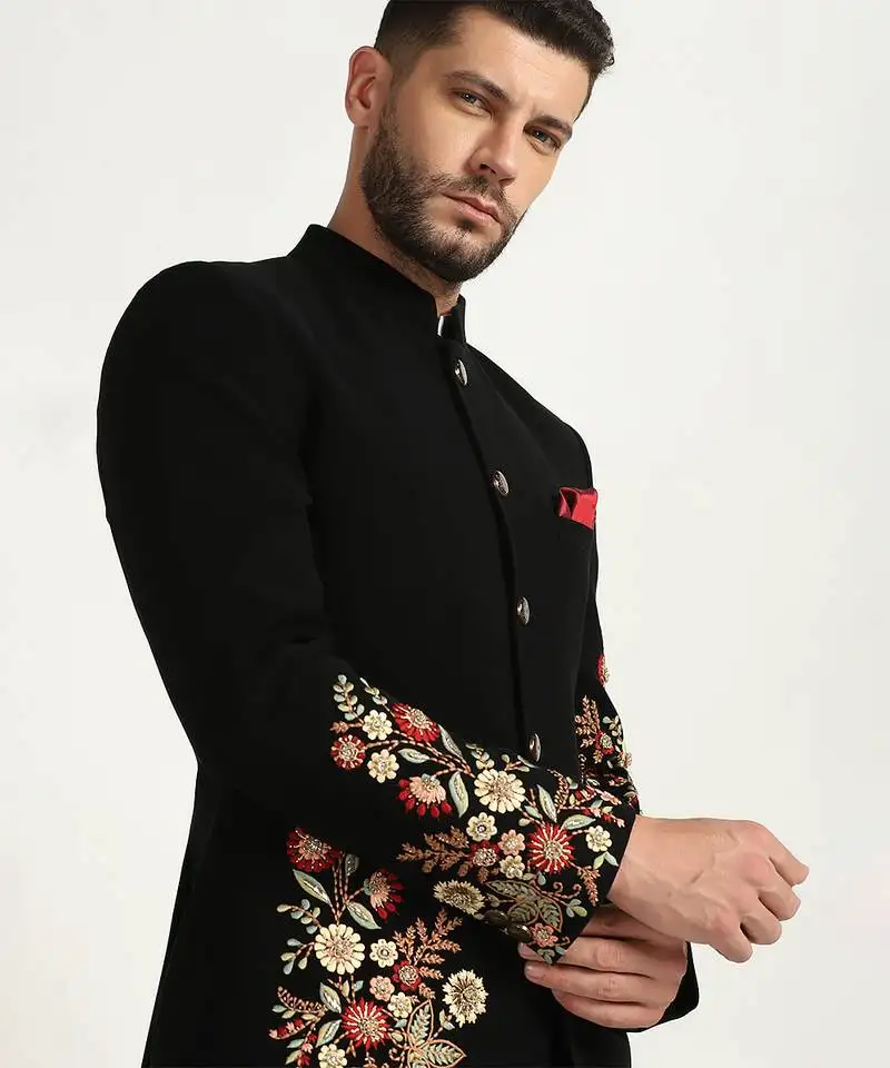 Black viscose embroidered bandhgala