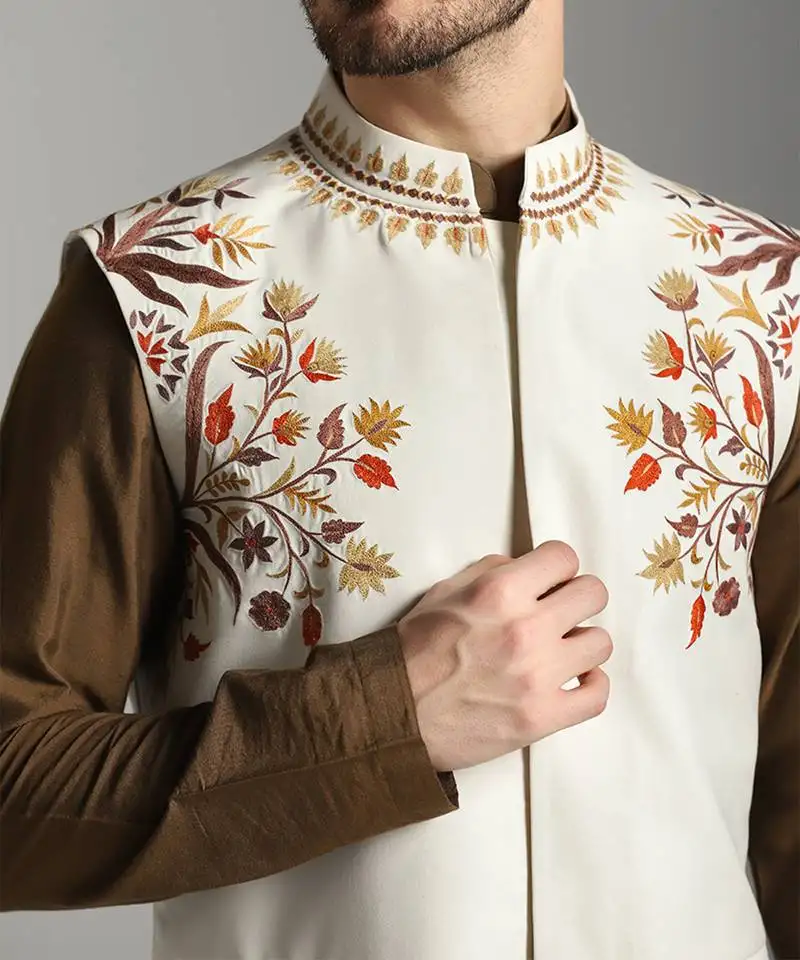 Brown cotton silk printed kurta nehru jacket set