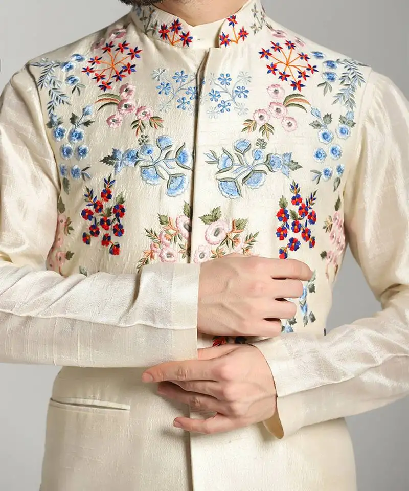 White silk embroidered kurta nehru jacket set