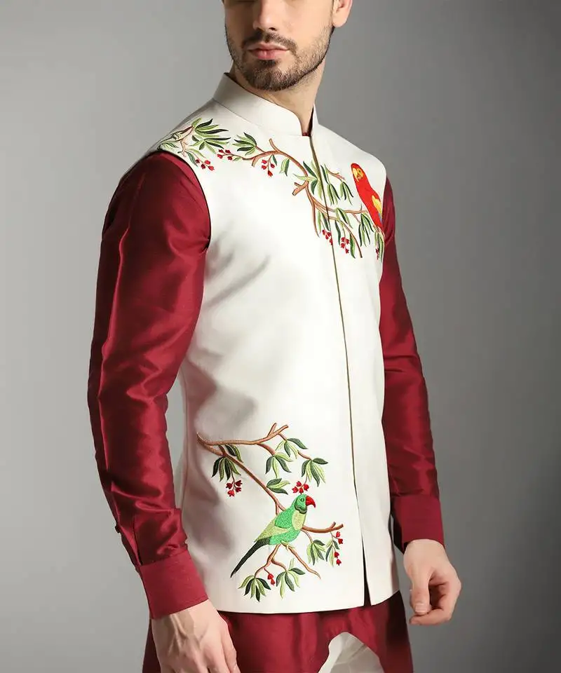 Maroon cotton silk printed kurta nehru jacket set