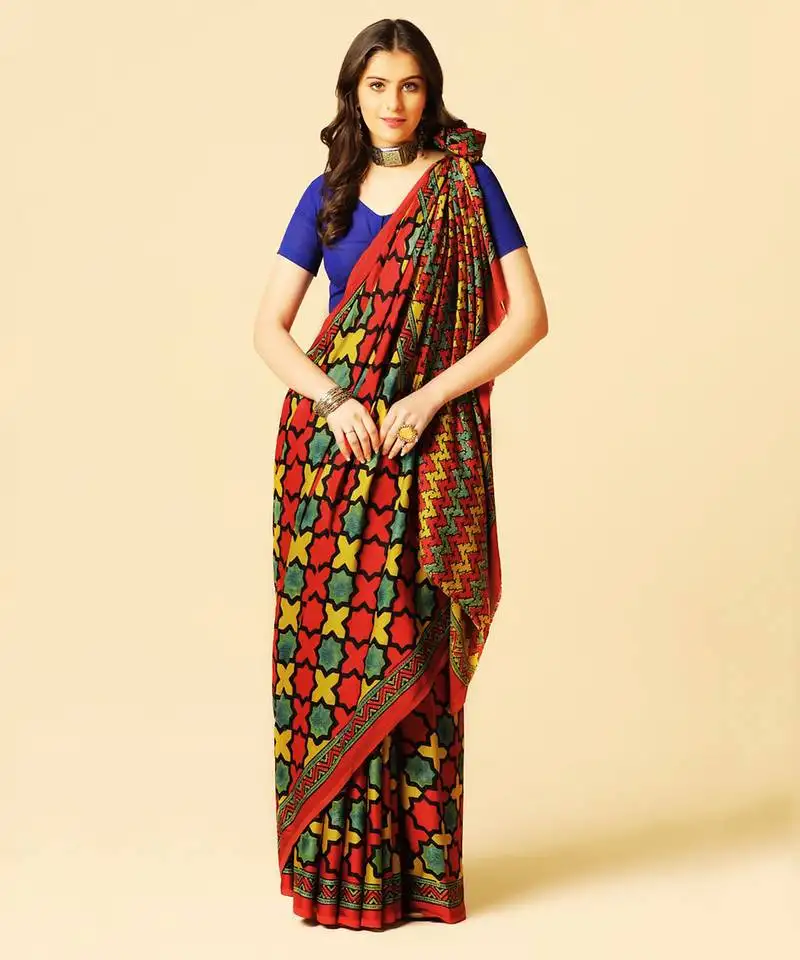 Multicolor block printed silk saree