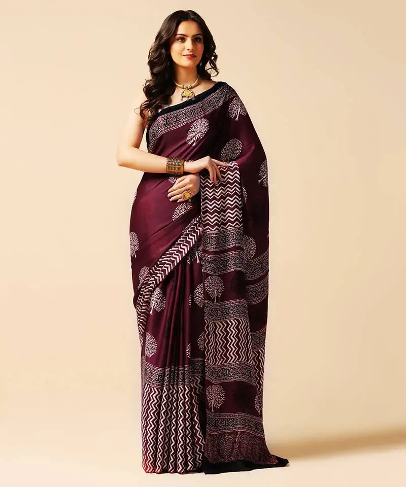 Purple floral printed silk saree